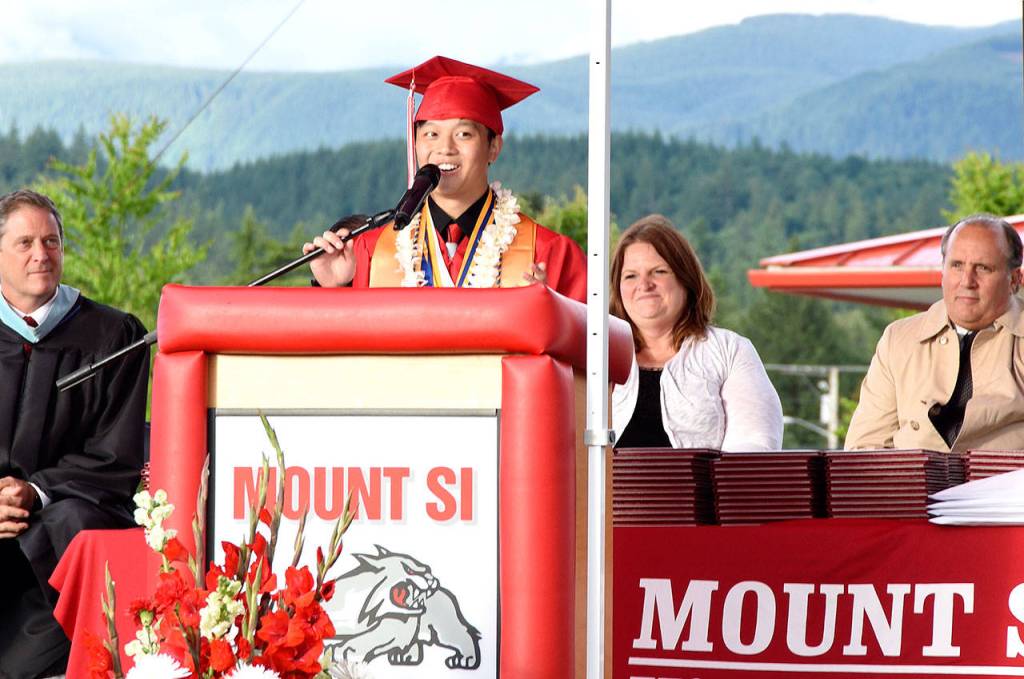 Donavan See, one of the Class of 2017&rsquo;s three valedictorians, spoke to his fellow graduates about how their actions and beliefs will define them.                                Carol Ladwig/Staff Photo