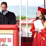 Mount Si High School Principal John Belcher introduced valedictorian Emma Eubanks during graduation.                                Carol Ladwig/Staff Photo