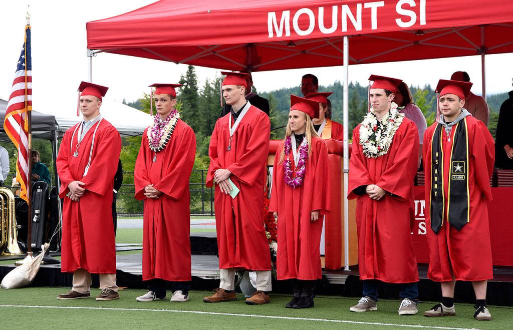 Students going into the military included: Natnan McCollough, Marines; Kade McNamara, Navy; Brennan Dalgleish, Coast Guard; Rylan Cummings, Army; Sean Andresen, Army; Annalee Reid, National Guard; and Cameron Thomas Stone, Coast Guard.                                Carol Ladwig/Staff Photo