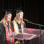 Margaret and Julia Knox, valedictorians and twins, give a speech about about the possibilities for the future of the class of 2017 at Cedarcrest&rsquo;s commencement ceremony June 16.                                (Evan Pappas/Staff Photo)