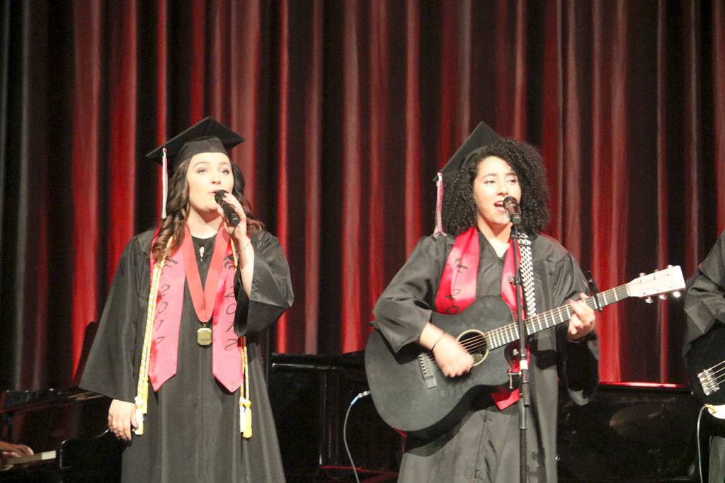 Mary Ward and Noha Elbahouty sing during their performance of &ldquo;Many the Miles.&rdquo;                                (Evan Pappas/Staff Photo)