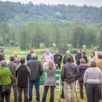 King County Executive Dow Constantine addresses the Fish, Farm, Flood advisory committee, after it delivered a series of recommendations to improve fish habitat while protecting the watershed and farmers&rsquo; interests, Monday at Carnation Farm.                                Photo courtesy of Eli Brownell