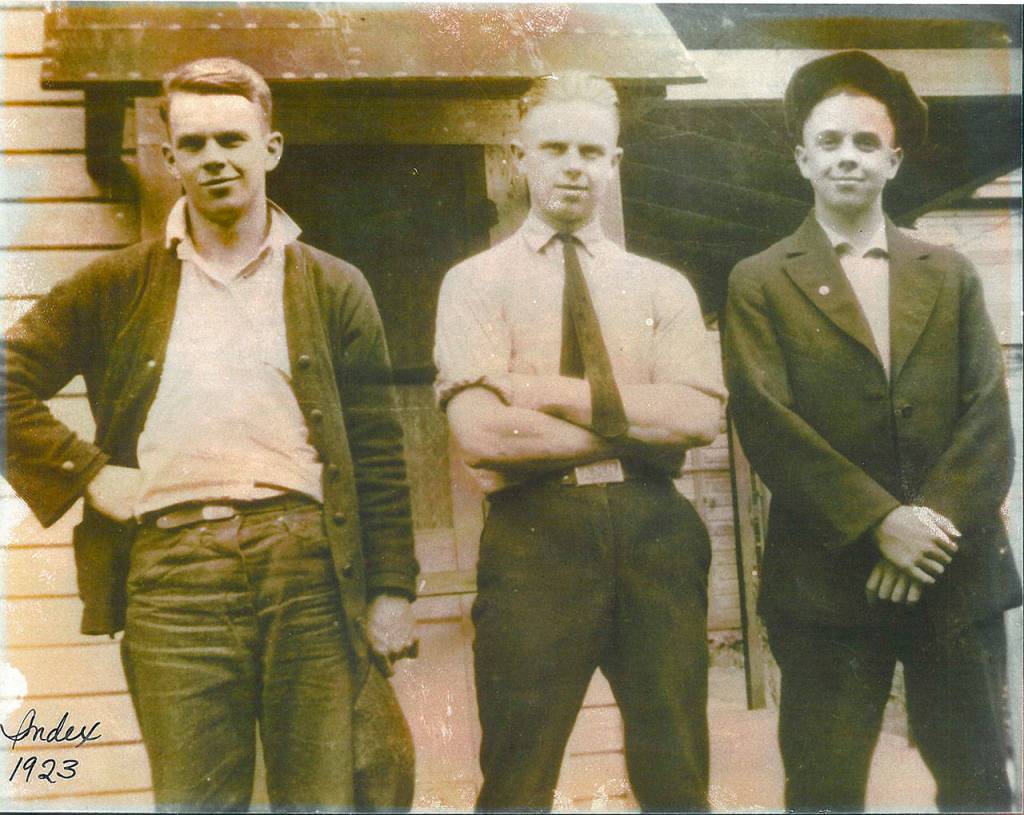 Courtesy Photo                                Everson&rsquo;s Grandfather George McKean Butters, left, and his two brothers at the cedar mill in 1923.