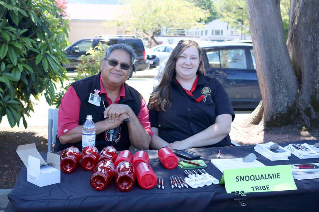 Snoqualmie Tribe Chief Andy De Los Angeles and Julie Autry had job openings for the Snoqualmie Tribe&rsquo;s new Crescent Market, as well as behavioral health councilors and councilors for the summer youth camp.                                (Evan Pappas/Staff Photo)
