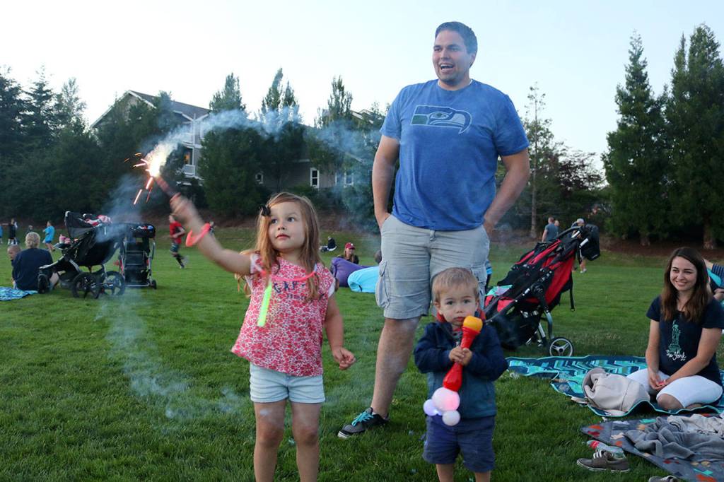 Kyla Hollan draws a circle in the air with a sparkler as her dad Jeff cheers her on. (Evan Pappas/Staff Photo)