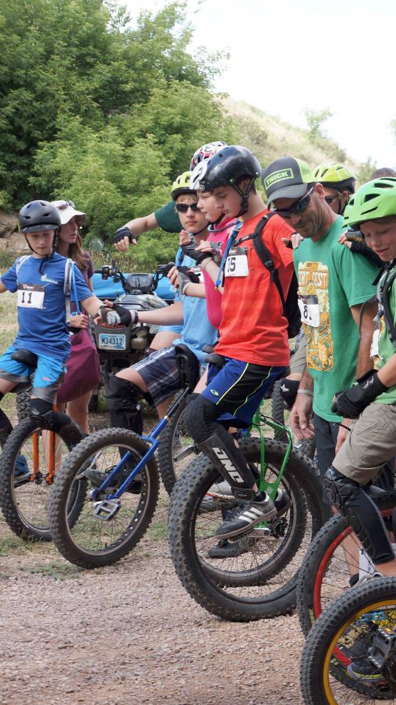 Aaron Kinsella-Johnson, in the red shirt, lines up at off-roading challenge at the 2016 NAUCC. SEE UNICYCLING, 3 The event is also part of the 2017 championships, starting Sunday in North Bend.                                (Courtesy Photo)