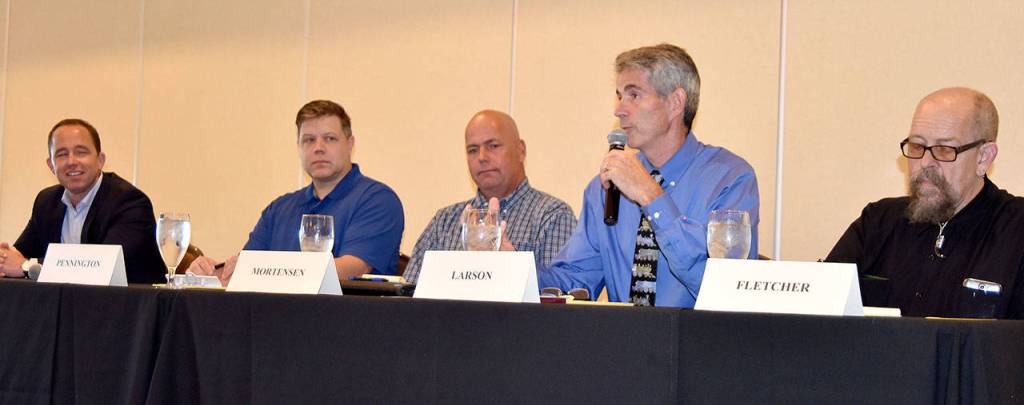 Snoqualmie&rsquo;s five contenders for the office of Mayor participated in the July 11 candidate forum hosted by the Snoqualmie Valley Chamber of Commerce in partnership with the Valley Record. Candidates, from left, are Brad Toft, Steve Pennington, Edward J. Mortensen, Matt Larson and Fuzzy Fletcher.                                Carol Ladwig/Staff Photo