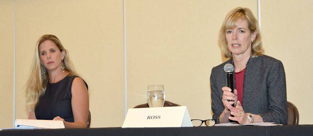 Lesley Sheppard, left, and Katherine Ross, both running for Snoqualmie City Council Position 2, were questioned in the first part of the July 11 forum.                                Carol Ladwig/Staff Photo