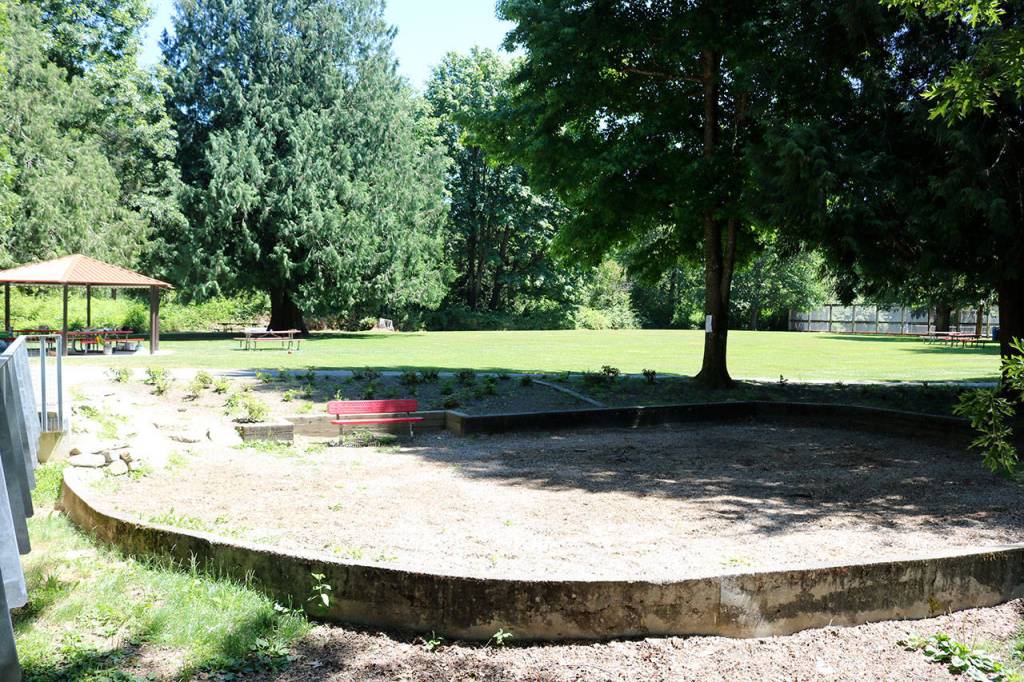 By the afternoon of Friday July 14, the play structure at E.J. Roberts Park in North Bend was noticeably absent. Parks Commissioners will consider options for replacing the structure at meetings on July 26 and Aug. 23, which are open to the public.                                Evan Pappas/Staff Photo