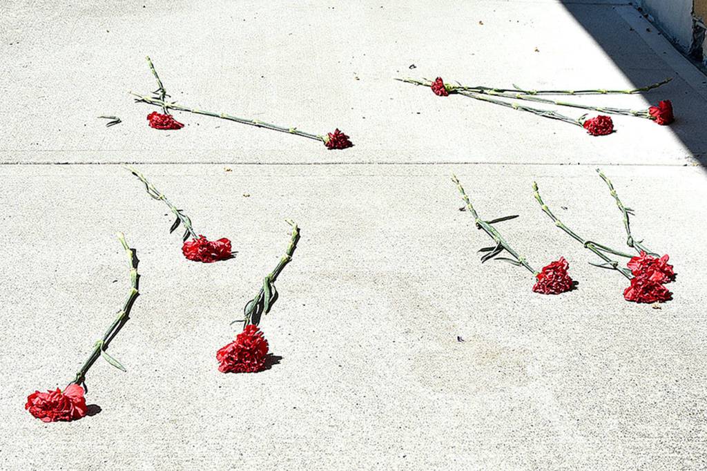 Flowers are sprinkled on the sidewalk in memory of the Snoqualmie woman who died after a fall Saturday.