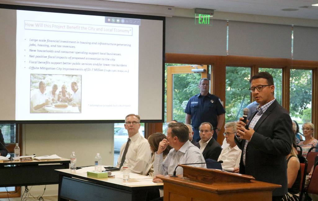 A representative of Snoqualmie Heights Partners gives an overview of some of the benefits the development will bring to the city. (Evan Pappas/Staff Photos)