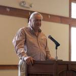 Tom Sroufe, representative for Snoqualmie Mill Ventures, takes questions from the audience about the proposed mill site development at the Snoqualmie Valley Chamber of Commerce luncheon on June 28.                                (Evan Pappas/Staff Photo)