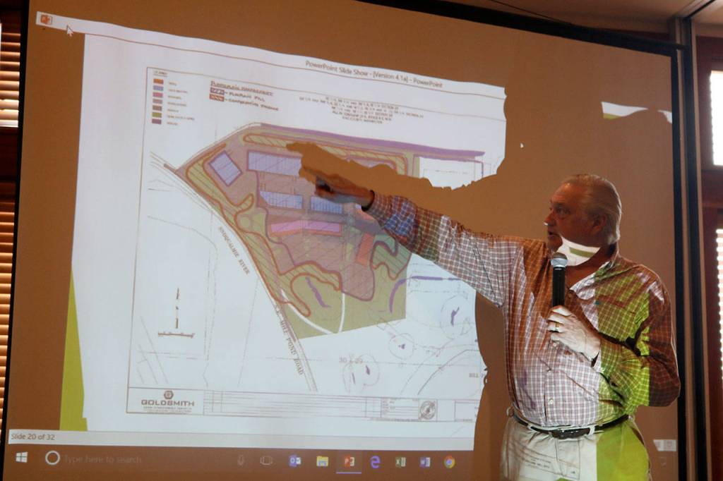 Sroufe points out some of the details on the project map for the audience. (Evan Pappas/Staff Photo)