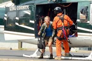 Kimberly Haines stepped off the rescue helicopter without any assistance Thursday afternoon at Torguson Park, where she was greeted by cheering family members.                                Photo courtesy of Mary Miller