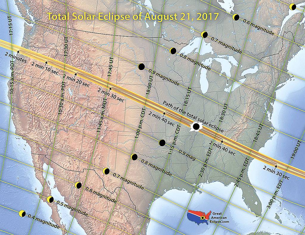 This map from the American Astronomical Society charts the path of the Aug. 21 solar eclipse.                                (Courtesy Image)