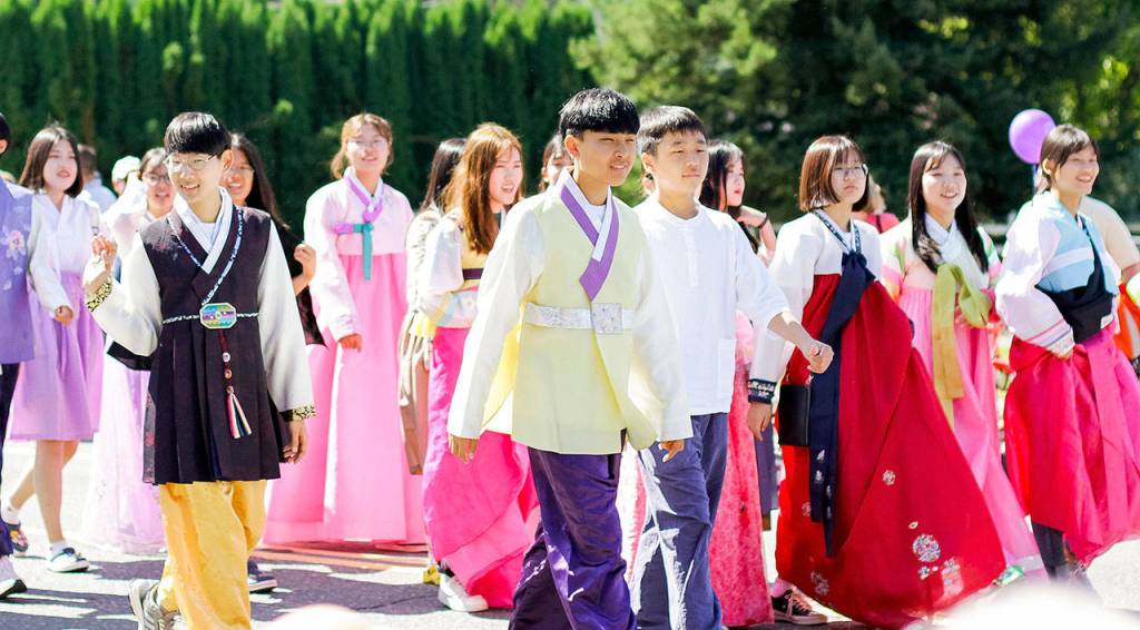 Students on exchange from Snoqualmie&rsquo;s sister city of Gangjin, Korea, marched in traditional costumes in the Railroad Days parade.                                (Jessie Koon Photo)