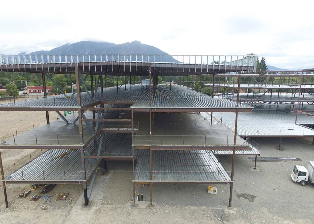 Concrete cures on the second floor of the freshman wing of Mount Si&rsquo;s new high school last week. While the steel work stops for the next six weeks, workers will focus on getting the current construction walled and roofed in.                                (Photo courtesy of Snoqualmie Valley School District)