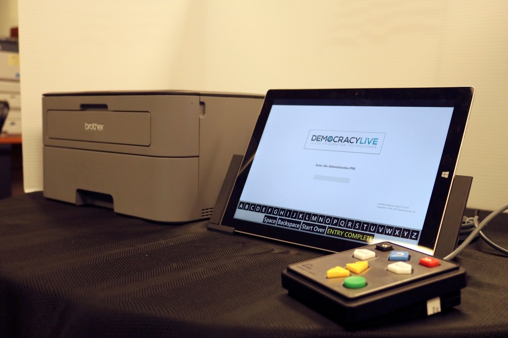 Evan Pappas/Staff Photo                                LiveBallot Tablet will be used in Mahoning County, Ohio during the upcoming election as a replacement for the older, larger voting machines.