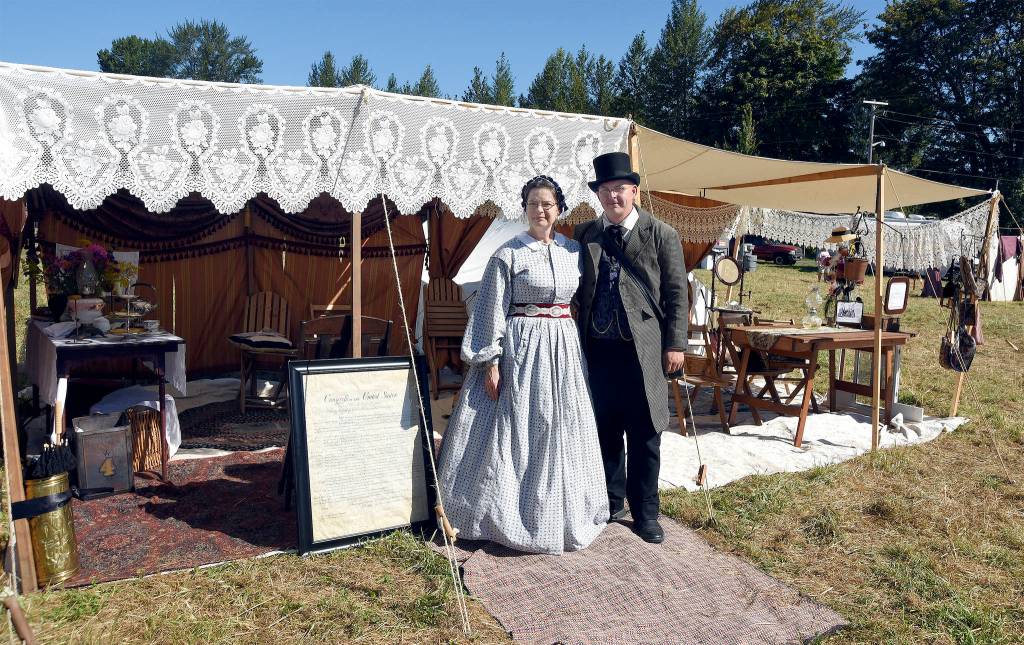 Giving visitors a look at civilian life, Chris Marshall and Justin Eldred, both of Spokane, portrayed a Confederate wife and businessman, respectively at last year&rsquo;s event.