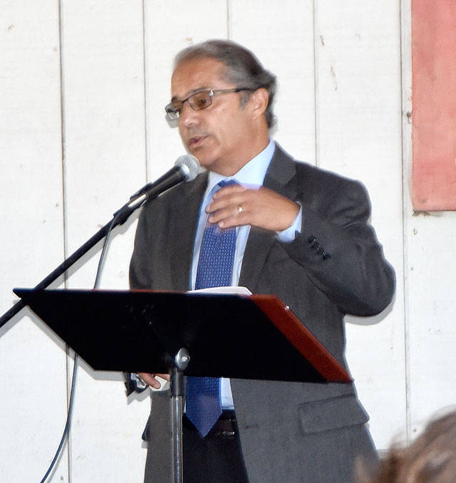 Brad Owen spoke about the plans for restoring Mountain Meadows to agricultural use, through the creation of agricultural education programs from Washington Technology University.                                (Carol Ladwig/Staff Photo)