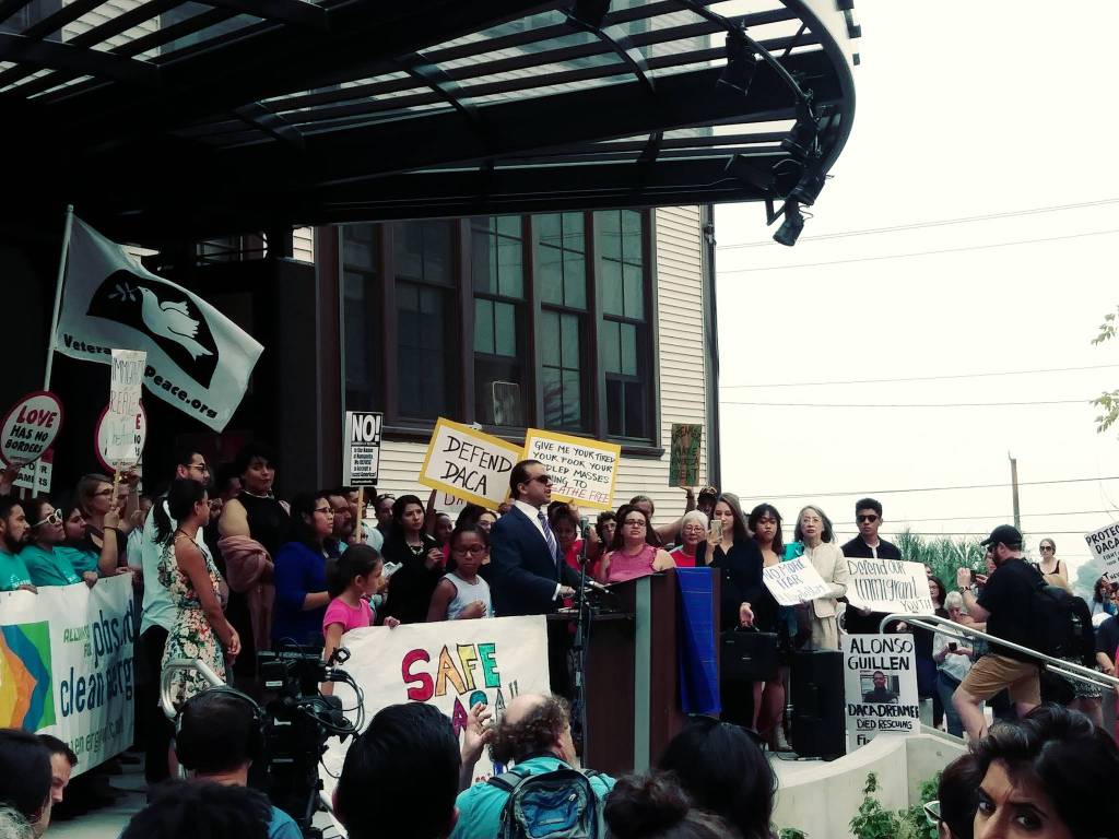Washington state Lt. Gov. Cyrus Habib addresses a rally in Seattle on Tuesday opposing the Trump administration&rsquo;s decision to end the Deferred Action for Childhood Arrivals program earlier that morning. Aaron Kunkler/Redmond Reporter