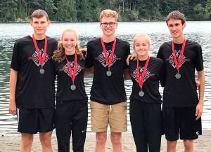 Ben Benson, Elsie Dombek, Emmett Klaiber, Kelly Hall and Grant Van Valkenburg, Tahoma medalists. Courtesy Photo                                Cedarcrest cross country medalists at the Tahoma Relays Sept. 9 are Ben Benson, Elsie Dombek, Emmett Klaiber, Kelly Hall and Grant Van Valkenburg. (Courtesy Photo)
