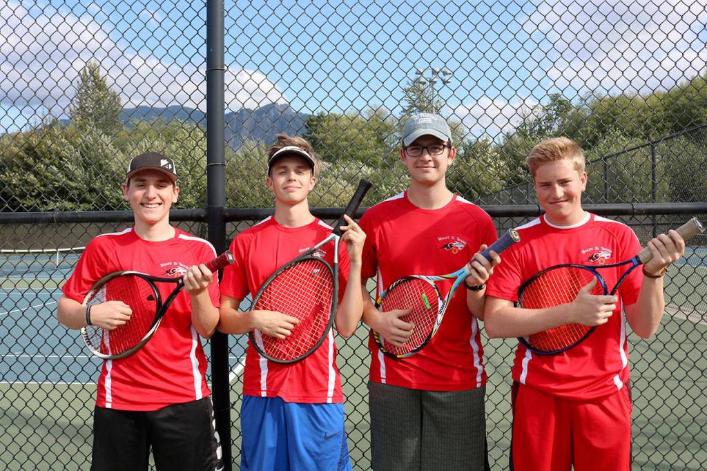 Mount Si Varsity Boys Tennis seniors Joey Lane, Maddox Malcolm, Tyler Moss and Skyler Woolf. (Evan Pappas/Staff Photo)