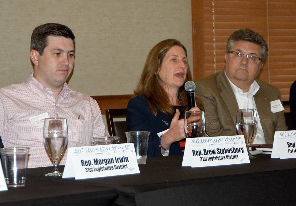 Rep. Tana Senn discusses the high cost of the Legislature&rsquo;s McCleary solution, for Eastside families. (Carol Ladwig/Staff Photo)