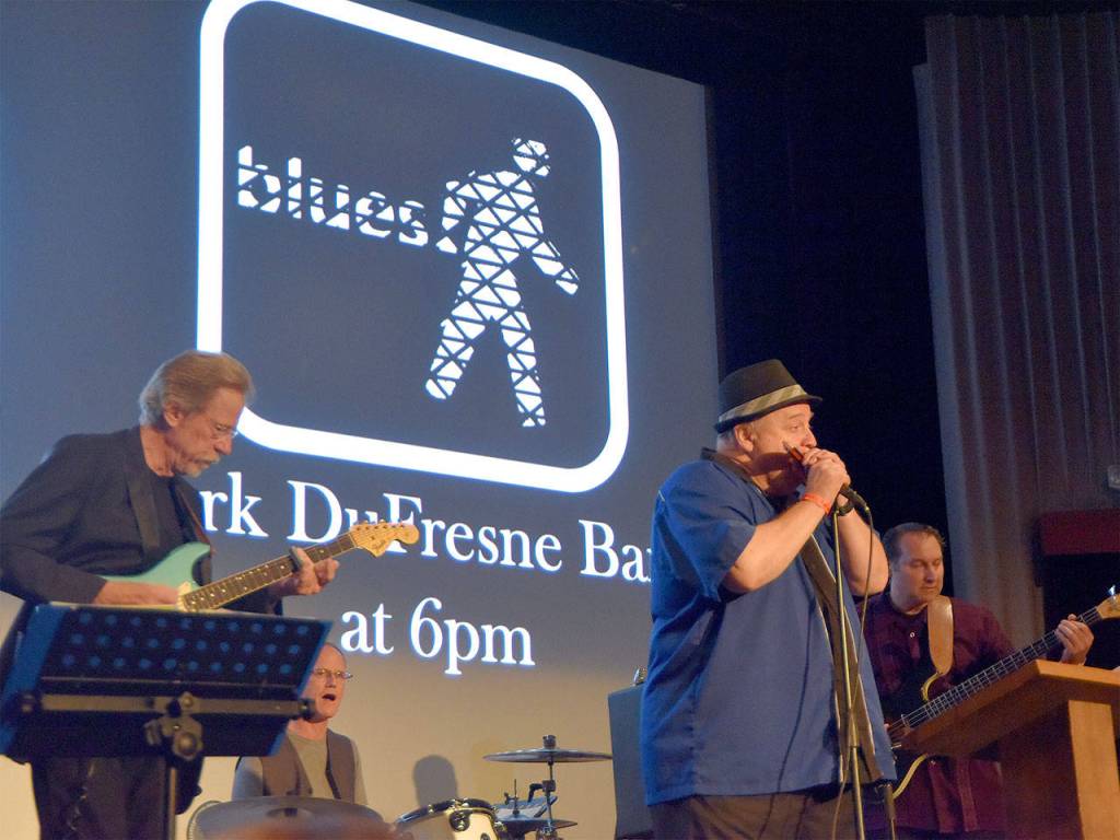 The Mark DuFresne Band at the 2016 Blues Walk in the North Bend Theater. (Carol Ladwig/Staff Photo)