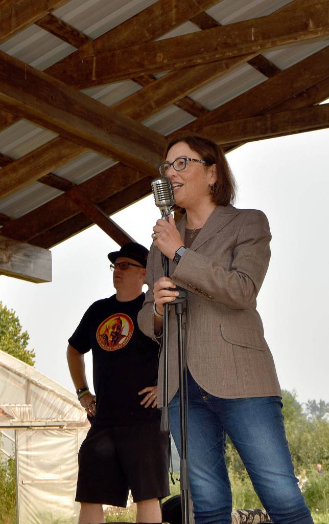 Congresswoman Suzan DelBene talked about the importance of local farms as part of the Sno Valley Tilth Farm Faire Saturday at Jubilee Farm. (Carol Ladwig/Staff Photo)