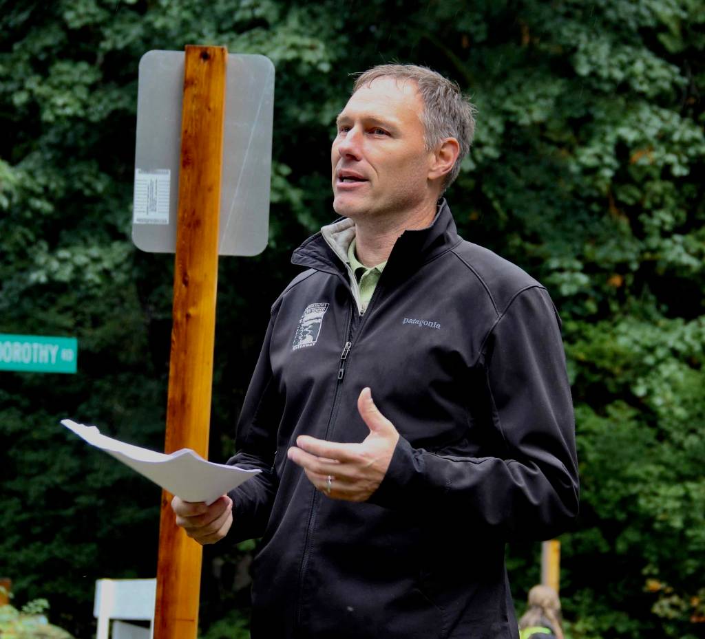Mountains to Sound Greenway Trust President Jon Hoekstra shared his thoughts on the opening of the Middle Fork Saturday. (Photo courtesy of Ray Lapine)