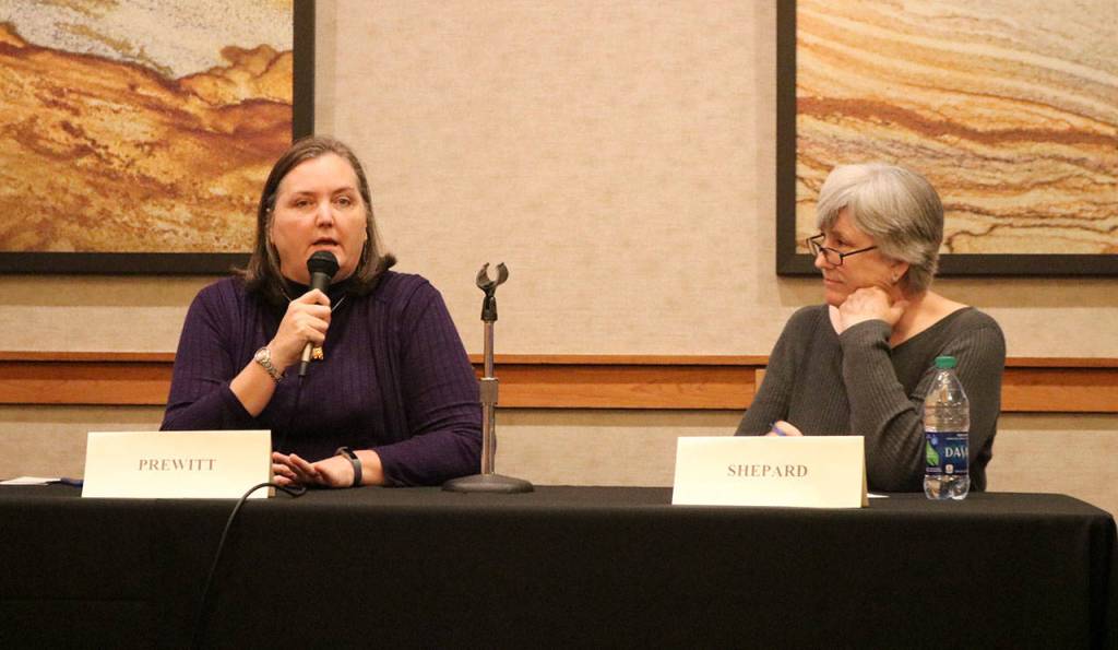 Kathi Prewitt and Peggy Shepard talk about how the city can diversify its tax base to move away from a reliance on property taxes. (Evan Pappas/Staff Photo)