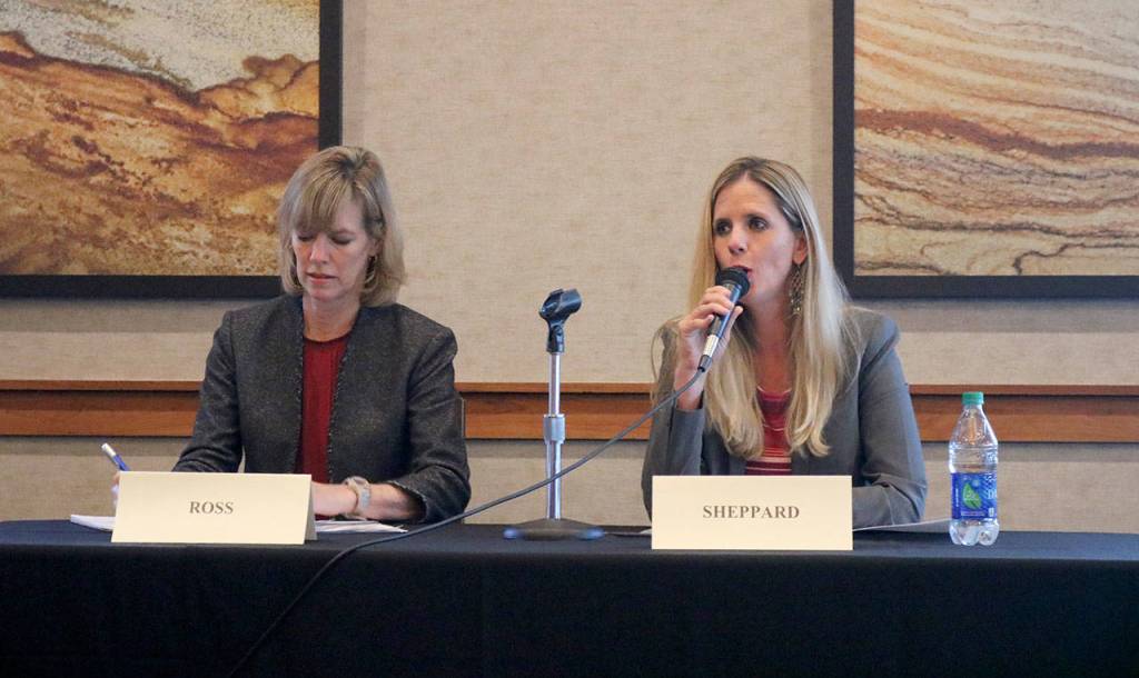 Katherine Ross and Lesley Sheppard discuss city spending and how changes can be made to reduce spending and increase revenue. They are running for Position 2(Evan Pappas/Staff Photo)