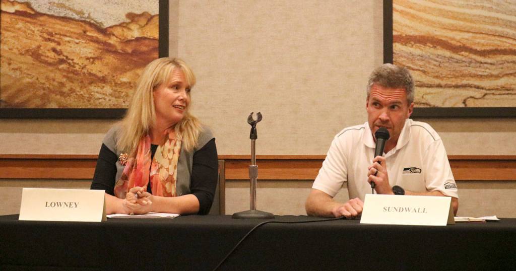 Monica Lowney and Sean Sundwall, both runnning for Position 6, answer questions about the city&rsquo;s growth at the candidate forum. (Evan Pappas/Staff Photo)