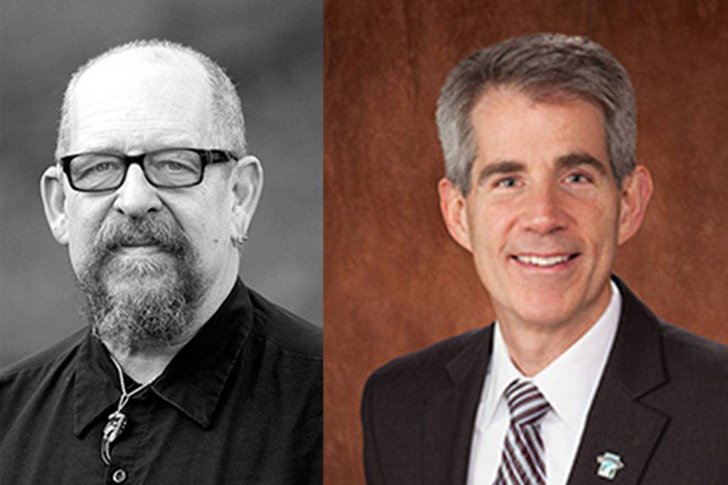 Fuzzy Fletcher, left, and Matt Larson will take part in a candidate forum for the Snoqualmie mayoral race at the Oct. 25 Snoqualmie Valley Chamber of Commerce luncheon. (Courtesy Photos)