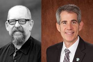 Fuzzy Fletcher, left, and Matt Larson will take part in a candidate forum for the Snoqualmie mayoral race at the Oct. 25 Snoqualmie Valley Chamber of Commerce luncheon. (Courtesy Photos)