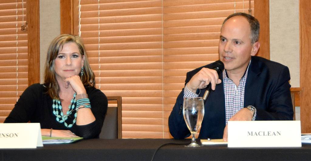 Melissa Johnson and Tavish MacLean, both running for Position 1 on the school board, answered questions about why they were running for the seat. (Carol Ladwig/Staff Photo)