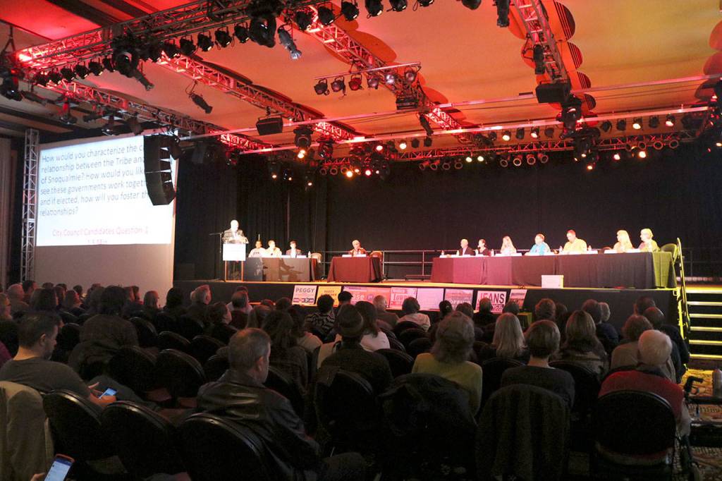 Eight of the 12 candidates attended the Snoqualmie Tribe&rsquo;s Oct. 17, candidate forum. (Evan Pappas/Staff Photo)