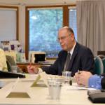 Candidates in North Bend City Council races assembled for a forum Oct. 18 at Mount Si Senior Center. Pictured from left are candidates Ross Loudenback and Rich Wiltshire, moderator William Shaw, and candidate Alan Gothelf. (Carol Ladwig/Staff Photo)