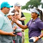 Kasey Maralack celebrates with her father, David, after winning the Overall girls 12-13 years division of the Drive, Chip and Putt Western Region qualifying tournament at The Olympic Club on Sept. 9, in Daly City, California. (Photo by Lachlan Cunningham/Getty Images for DC&P Championship)