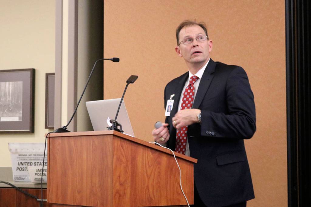 President and CEO of Astria Health John Gallagher, presents their proposal for affiliation to the board of commissioners on Oct. 25. (Evan Pappas/Staff Photo)
