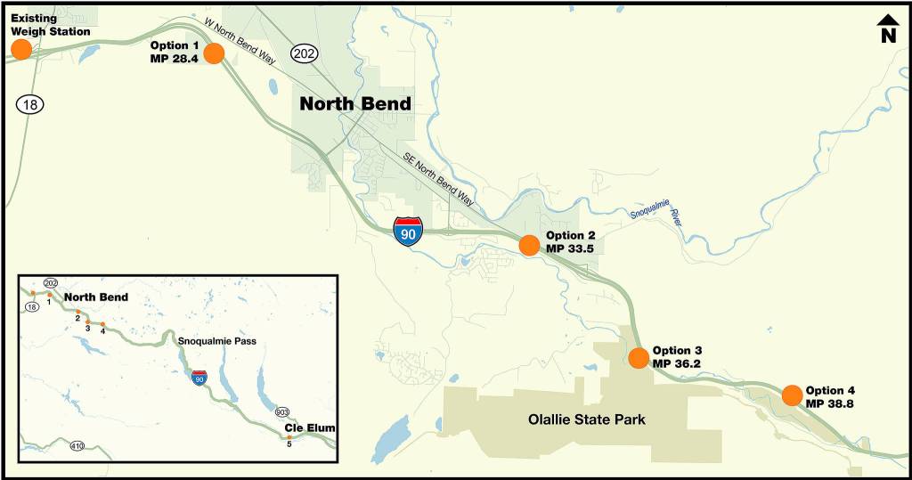 This map shows the five initial proposed sites for relocating a Washington State Patrol truck weigh station, currently at the S.R. 18 interchange, to another stretch of Interstate 90. (Courtesy Photo)