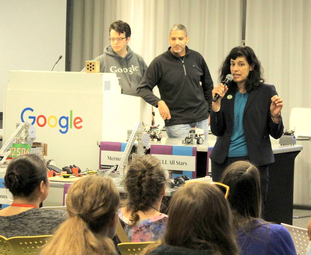 State Representative Nicole Macri with James McLurkin, who spoke about robotics at Google. (Courtesy Photo)