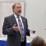 Mayor Ken Hearing started the town hall meeting with a brief history of trucks in North Bend. (Carol Ladwig/Staff Photo)