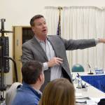 State Senator Mark Mullet also attended the town hall meeting and spoke briefly about some of the issues related to the I-90/S.R. 18 interchange improvements and the weigh station relocation component of that project. Mayor Ken Hearing started the town hall meeting with a brief history of trucks in North Bend. (Carol Ladwig/Staff Photo)