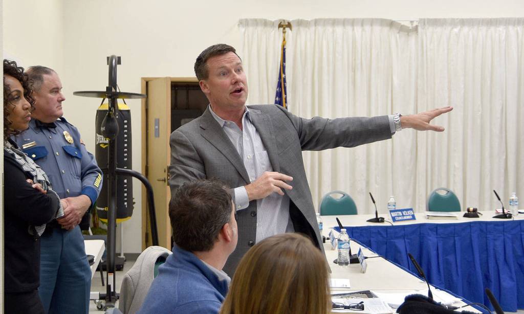 State Senator Mark Mullet also attended the town hall meeting and spoke briefly about some of the issues related to the I-90/S.R. 18 interchange improvements and the weigh station relocation component of that project. Mayor Ken Hearing started the town hall meeting with a brief history of trucks in North Bend. (Carol Ladwig/Staff Photo)