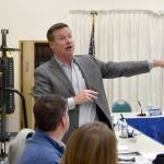 Carol Ladwig/Staff Photo                                State Senator Mark Mullet attended North Bends Nov. 7 town hall meeting on the WSP weigh station and spoke briefly about some of the issues related to the I-90/S.R. 18 interchange improvements and the weigh station relocation component of that project. Mayor Ken Hearing started the town hall meeting with a brief history of trucks in North Bend.