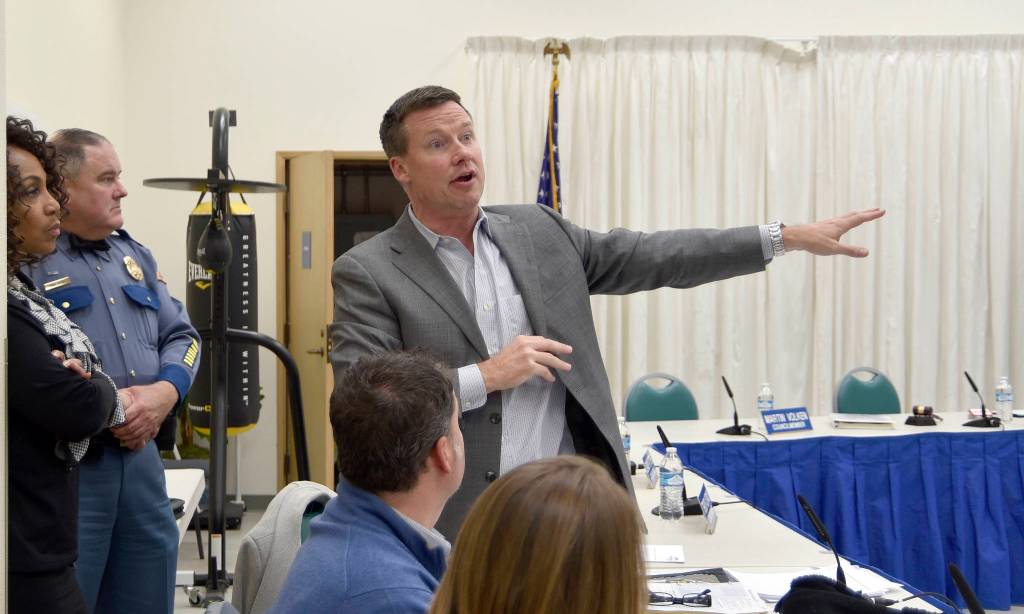 Carol Ladwig/Staff Photo                                State Senator Mark Mullet attended North Bends Nov. 7 town hall meeting on the WSP weigh station and spoke briefly about some of the issues related to the I-90/S.R. 18 interchange improvements and the weigh station relocation component of that project. Mayor Ken Hearing started the town hall meeting with a brief history of trucks in North Bend.