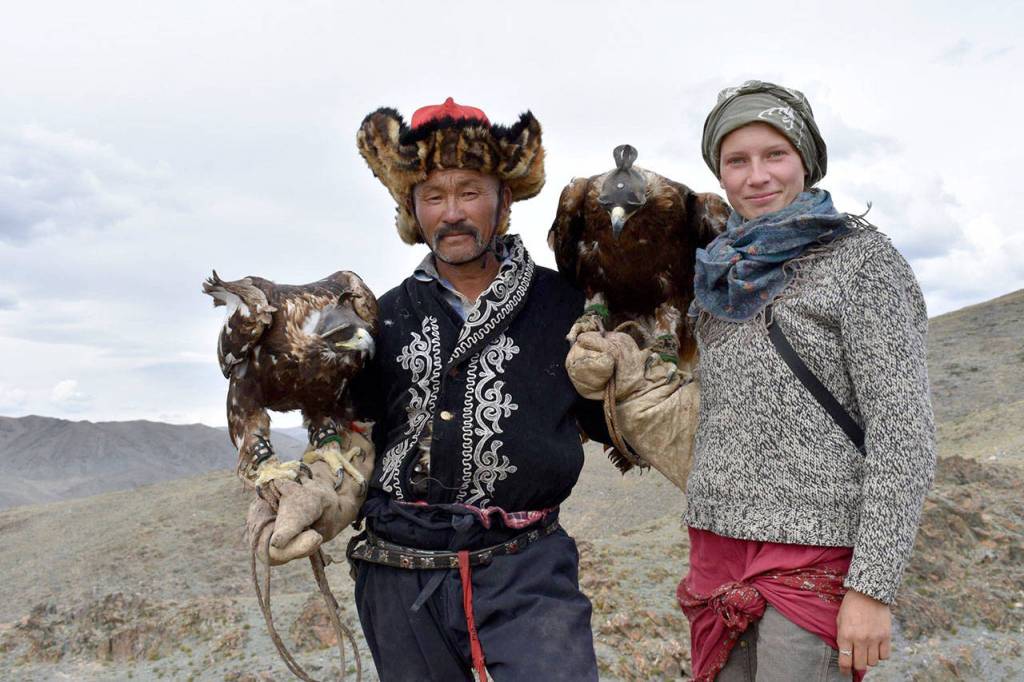 Zuniga stands with Dalaikhan who used his sons eagle to teach her the tradition of hunting with golden eagles. (Courtesy Photo)