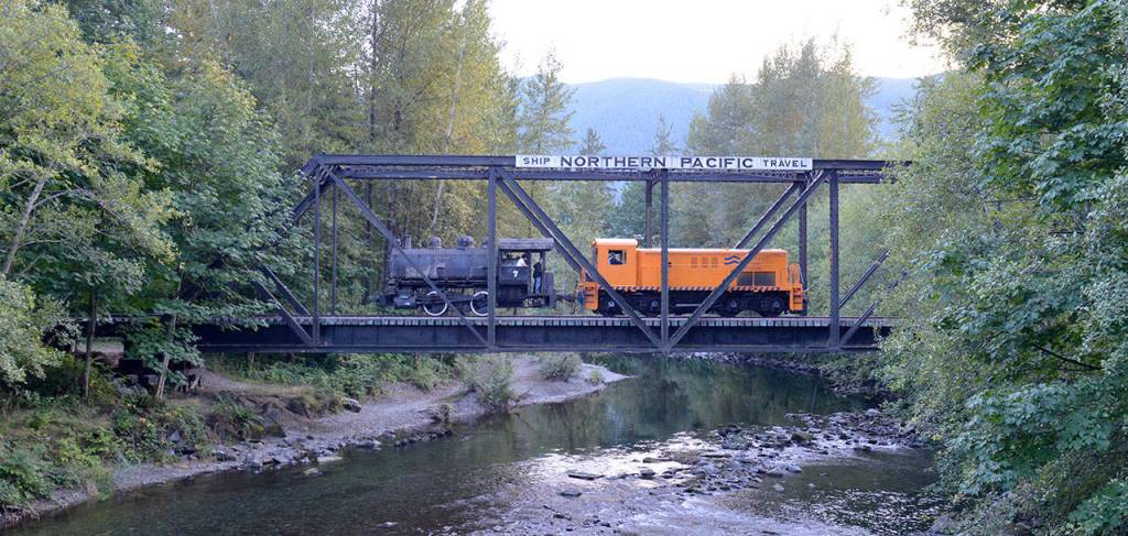A steam locomotive donated from the city of Bellingham in September, 2017, makes its way over the Snoqualmie River on bridge 35 to its new home at the Northwest Railway Museum. (Photo courtesy of Northwest Railway Museum)